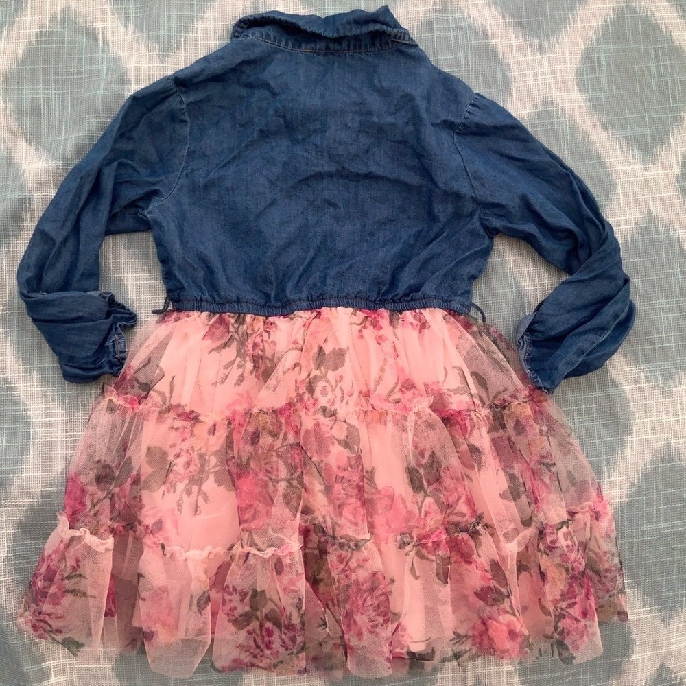 Girls Sz 5 Pink Violet Denim‎ Dress Floral Tulle Skirt Long Sleeve Girls Size - Picture 5 of 5